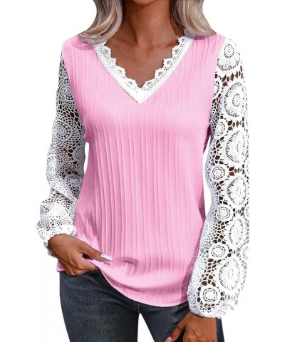 Womens Lace Tops Dressy Casual Puff Long Sleeve Floral Summer Blouses Shirts 01a-pink $9.43 T-Shirts