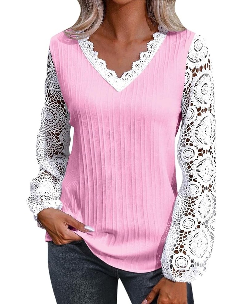 Womens Lace Tops Dressy Casual Puff Long Sleeve Floral Summer Blouses Shirts 01a-pink $9.43 T-Shirts