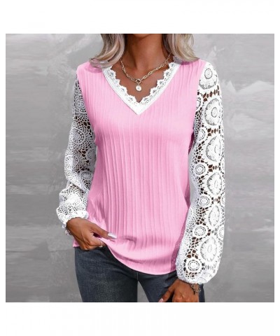 Womens Lace Tops Dressy Casual Puff Long Sleeve Floral Summer Blouses Shirts 01a-pink $9.43 T-Shirts