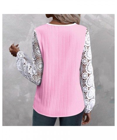 Womens Lace Tops Dressy Casual Puff Long Sleeve Floral Summer Blouses Shirts 01a-pink $9.43 T-Shirts