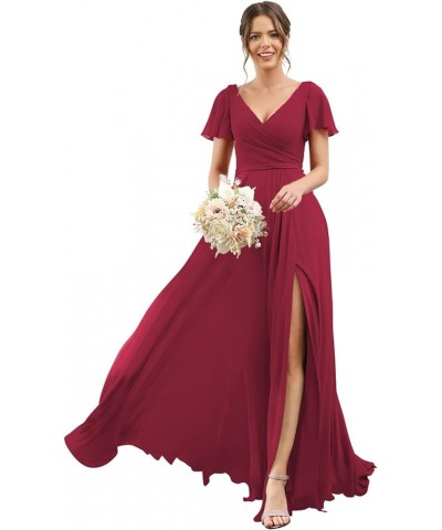 Women's V Neck Short Sleeve Bridesmaid Dresses Long Pleats Chiffon High Slit Formal Dress with Pockets DI001 Wine Red $25.30 ...