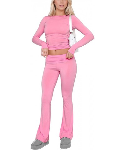 Casual Workout Two Piece Outfits for Women Long Sleeve Fold Over Yoga Flare Pants Sets Tracksuit Pink $20.50 Activewear