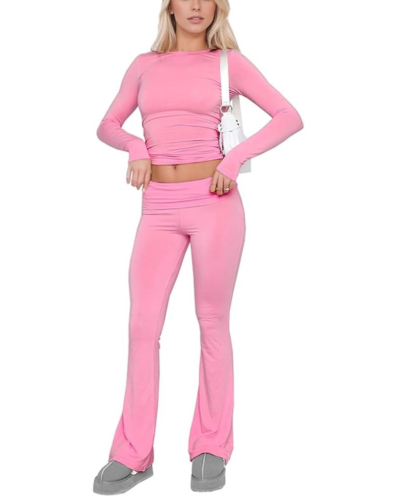 Casual Workout Two Piece Outfits for Women Long Sleeve Fold Over Yoga Flare Pants Sets Tracksuit Pink $20.50 Activewear