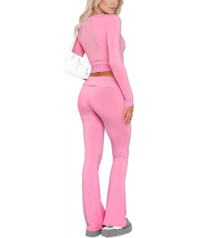 Casual Workout Two Piece Outfits for Women Long Sleeve Fold Over Yoga Flare Pants Sets Tracksuit Pink $20.50 Activewear