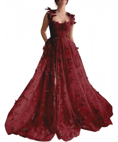 3D Butterflies Tulle Prom Dress 2024 Corset Long Ball Gown Lace Appliques Formal Evening Party Gowns with Slit Burgundy $39.7...