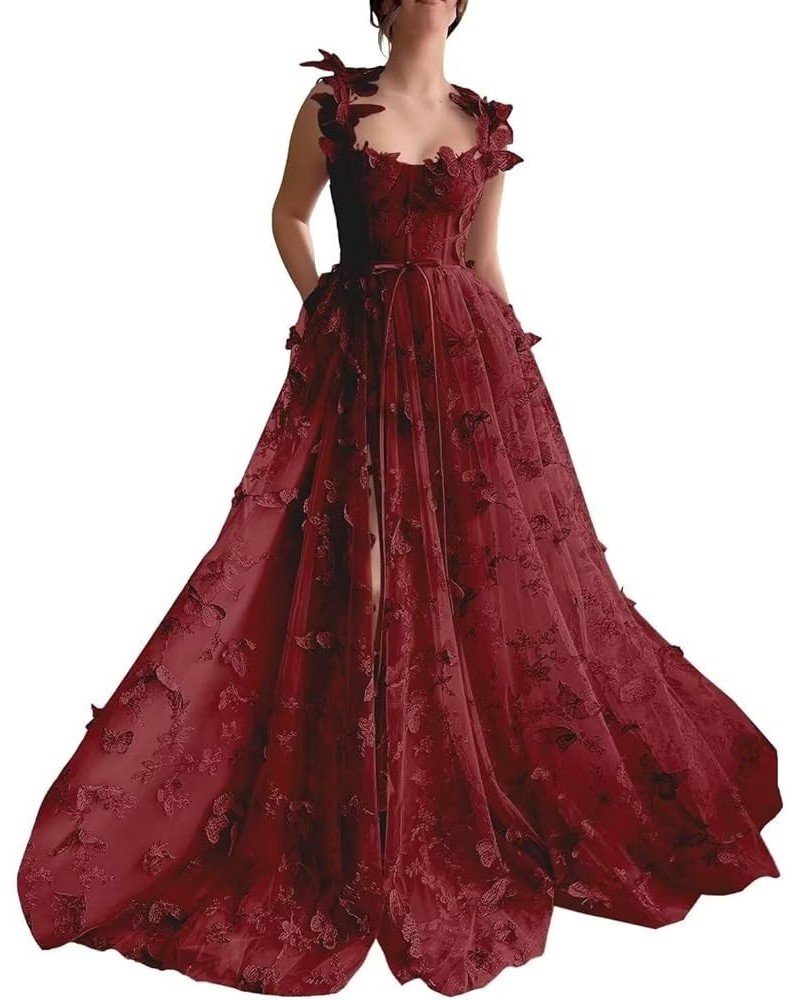 3D Butterflies Tulle Prom Dress 2024 Corset Long Ball Gown Lace Appliques Formal Evening Party Gowns with Slit Burgundy $39.7...