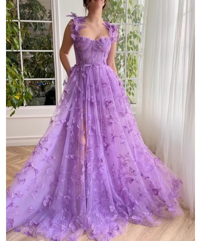 3D Butterflies Tulle Prom Dress 2024 Corset Long Ball Gown Lace Appliques Formal Evening Party Gowns with Slit Burgundy $39.7...