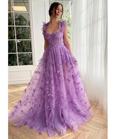 3D Butterflies Tulle Prom Dress 2024 Corset Long Ball Gown Lace Appliques Formal Evening Party Gowns with Slit Burgundy $39.7...