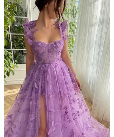 3D Butterflies Tulle Prom Dress 2024 Corset Long Ball Gown Lace Appliques Formal Evening Party Gowns with Slit Burgundy $39.7...