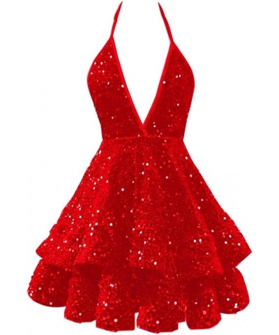 Homecoming Dresses Sparkly Sequin Short Prom Dresses for Teens 2023 Halter Tiered Mini Cocktail Evening Party Dresses Red $28...