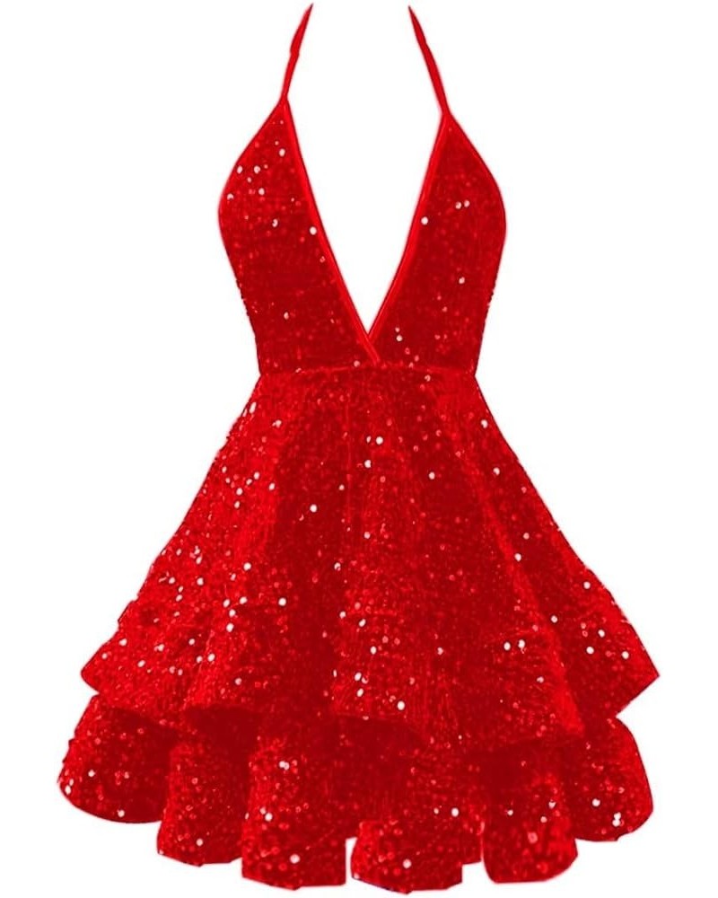 Homecoming Dresses Sparkly Sequin Short Prom Dresses for Teens 2023 Halter Tiered Mini Cocktail Evening Party Dresses Red $28...