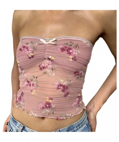 Tube Tops for Women Y2k Lace Sheer Strapless Sexy Crop Bandeau Sleeveless Backless Cute Shirts Going Out Clothing Pink See-th...