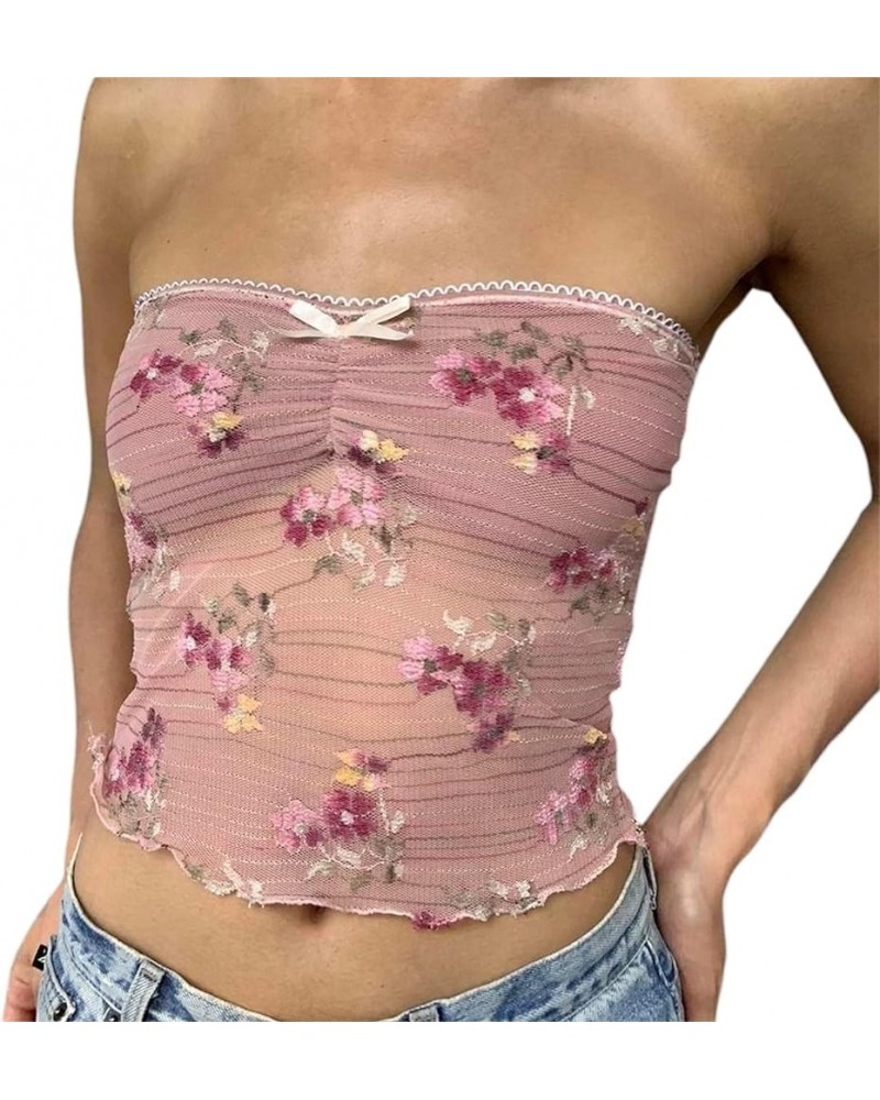 Tube Tops for Women Y2k Lace Sheer Strapless Sexy Crop Bandeau Sleeveless Backless Cute Shirts Going Out Clothing Pink See-th...