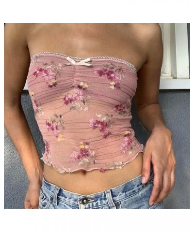 Tube Tops for Women Y2k Lace Sheer Strapless Sexy Crop Bandeau Sleeveless Backless Cute Shirts Going Out Clothing Pink See-th...