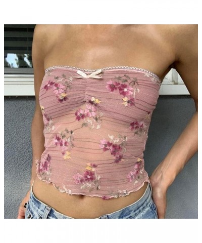 Tube Tops for Women Y2k Lace Sheer Strapless Sexy Crop Bandeau Sleeveless Backless Cute Shirts Going Out Clothing Pink See-th...