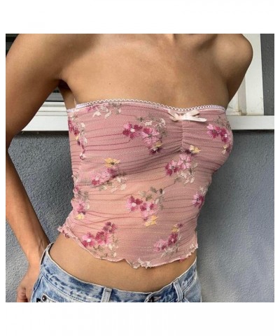 Tube Tops for Women Y2k Lace Sheer Strapless Sexy Crop Bandeau Sleeveless Backless Cute Shirts Going Out Clothing Pink See-th...