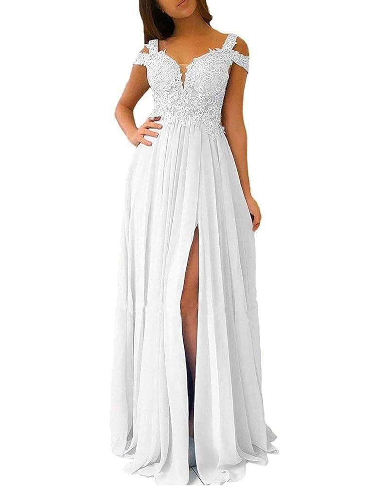 Women's Lace Appliques Prom Dresses Long with Slit Cold Shoulder Formal Party Gown MDPM66 White $43.34 Dresses