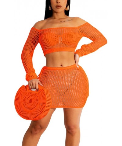 2 Piece Outfits Knitted Cover up Set Crochet Long Sleeve One Shoulder Hollow Top Drawstring Skirt Beach Cover up Set Orange $...