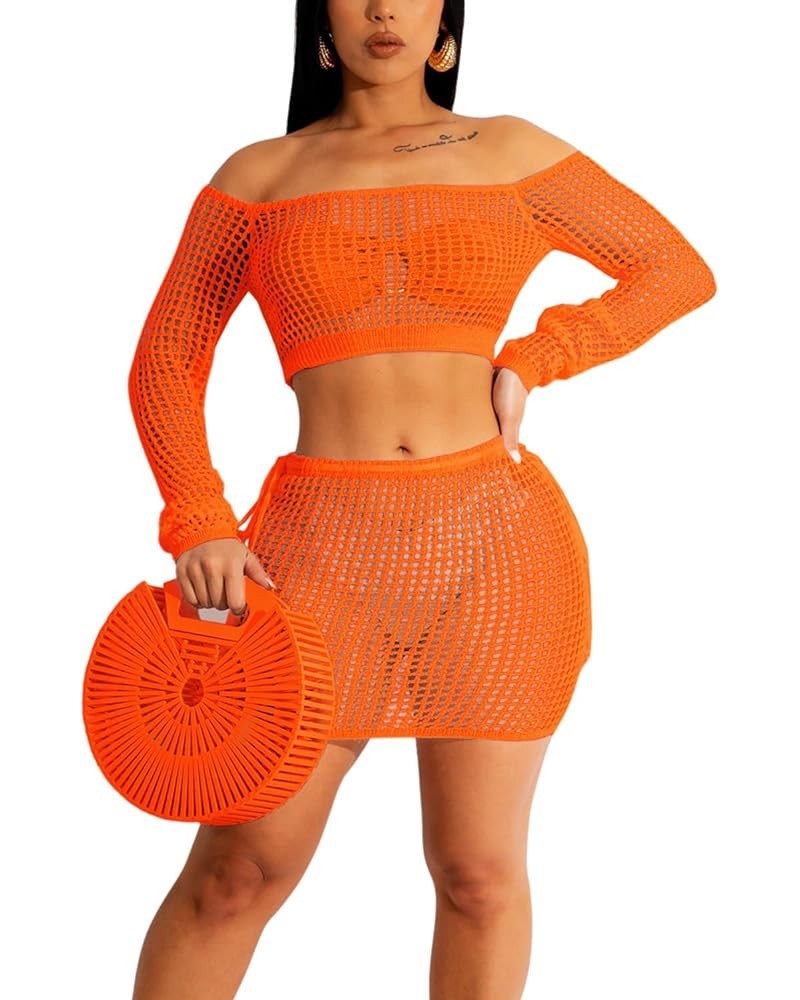 2 Piece Outfits Knitted Cover up Set Crochet Long Sleeve One Shoulder Hollow Top Drawstring Skirt Beach Cover up Set Orange $...