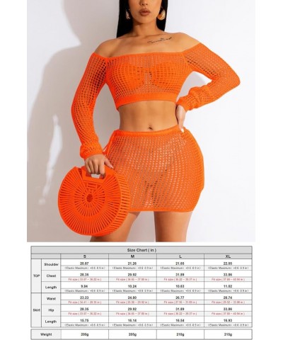 2 Piece Outfits Knitted Cover up Set Crochet Long Sleeve One Shoulder Hollow Top Drawstring Skirt Beach Cover up Set Orange $...