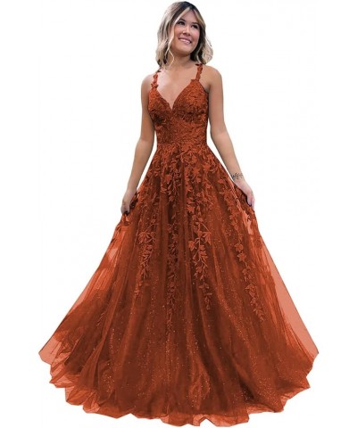 Women's Sparkly Tulle Lace Applique Prom Dresses 2024 Long Spaghetti Straps Formal Evening Gowns Burnt Orange $33.00 Dresses