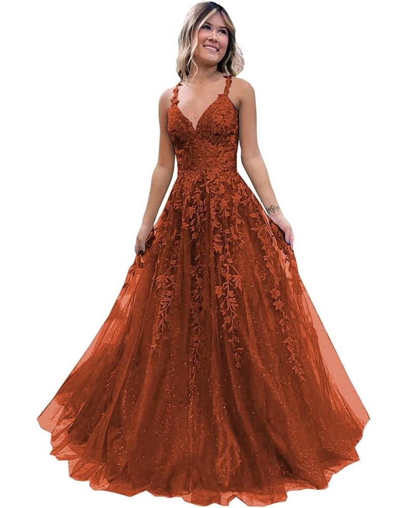 Women's Sparkly Tulle Lace Applique Prom Dresses 2024 Long Spaghetti Straps Formal Evening Gowns Burnt Orange $33.00 Dresses