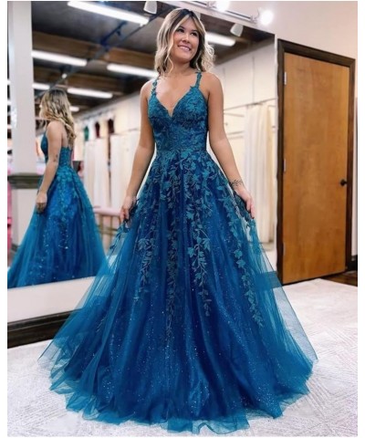 Women's Sparkly Tulle Lace Applique Prom Dresses 2024 Long Spaghetti Straps Formal Evening Gowns Burnt Orange $33.00 Dresses