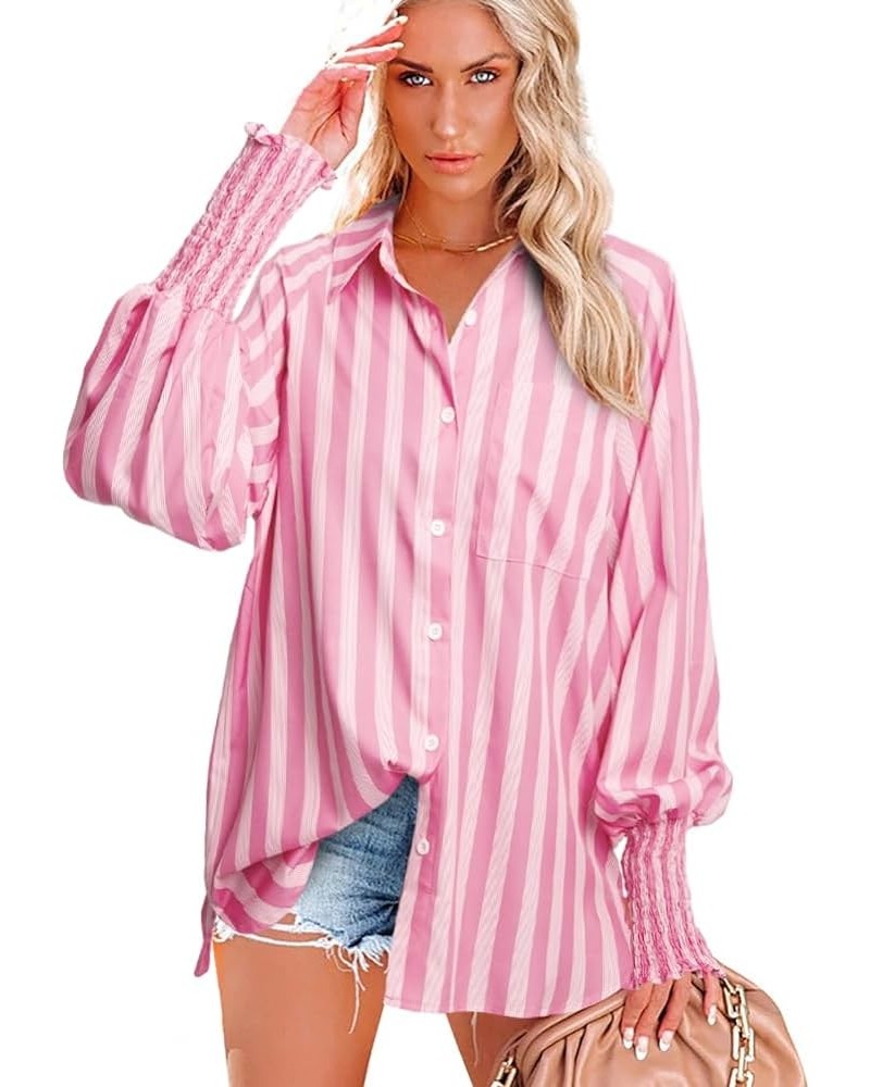 Women Button Down Shirt Collared Long Sleeve Blouse Stripes Blouses Lantern Sleeve Tops Oversized Button Down Shirt Pink $11....