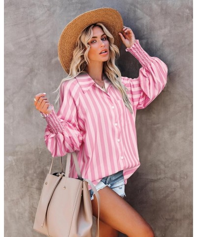 Women Button Down Shirt Collared Long Sleeve Blouse Stripes Blouses Lantern Sleeve Tops Oversized Button Down Shirt Pink $11....