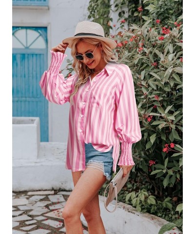 Women Button Down Shirt Collared Long Sleeve Blouse Stripes Blouses Lantern Sleeve Tops Oversized Button Down Shirt Pink $11....