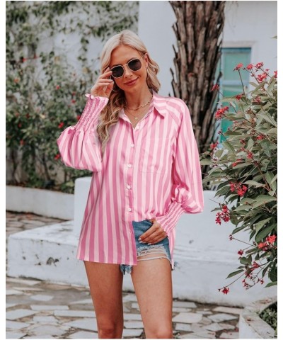 Women Button Down Shirt Collared Long Sleeve Blouse Stripes Blouses Lantern Sleeve Tops Oversized Button Down Shirt Pink $11....