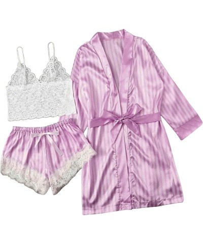 Women's 3PCS Sleepwear Silk Satin Robe Nightwear V Neck Lace Bralette and Panty Set Pajama Set Valentine Bridal Gift Purple $...