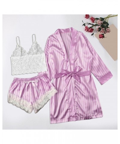 Women's 3PCS Sleepwear Silk Satin Robe Nightwear V Neck Lace Bralette and Panty Set Pajama Set Valentine Bridal Gift Purple $...