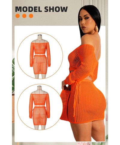 2 Piece Outfits Knitted Cover up Set Crochet Long Sleeve One Shoulder Hollow Top Drawstring Skirt Beach Cover up Set Orange $...