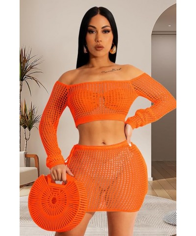 2 Piece Outfits Knitted Cover up Set Crochet Long Sleeve One Shoulder Hollow Top Drawstring Skirt Beach Cover up Set Orange $...