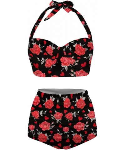 Womens Two Pieces Bikini Set Swimsuits High Waisted Bathing Suits Halter Ruched Bikini Red Rose Flowers $15.40 Swimsuits