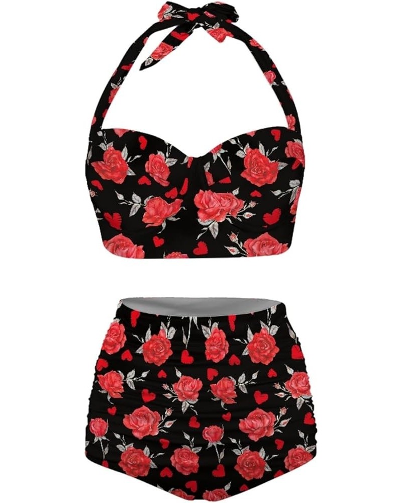 Womens Two Pieces Bikini Set Swimsuits High Waisted Bathing Suits Halter Ruched Bikini Red Rose Flowers $15.40 Swimsuits