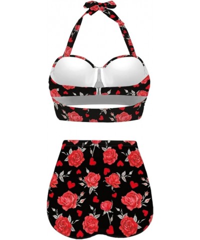 Womens Two Pieces Bikini Set Swimsuits High Waisted Bathing Suits Halter Ruched Bikini Red Rose Flowers $15.40 Swimsuits