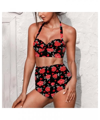 Womens Two Pieces Bikini Set Swimsuits High Waisted Bathing Suits Halter Ruched Bikini Red Rose Flowers $15.40 Swimsuits