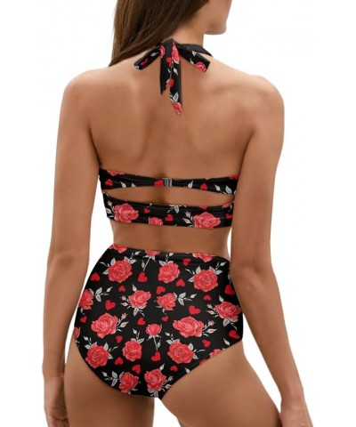 Womens Two Pieces Bikini Set Swimsuits High Waisted Bathing Suits Halter Ruched Bikini Red Rose Flowers $15.40 Swimsuits