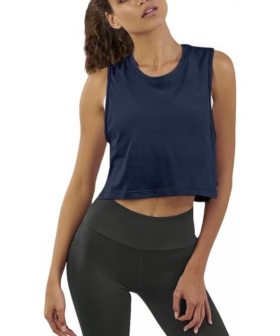 Womens Workout Crop Tops Cute Sheer Mesh Back Gym Yoga Tank Tops Muscle Tee Navy Blue $13.79 Tanks