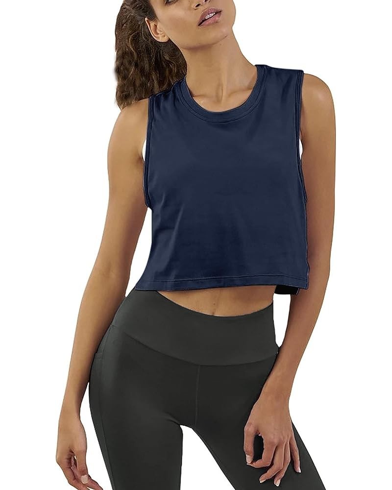 Womens Workout Crop Tops Cute Sheer Mesh Back Gym Yoga Tank Tops Muscle Tee Navy Blue $13.79 Tanks