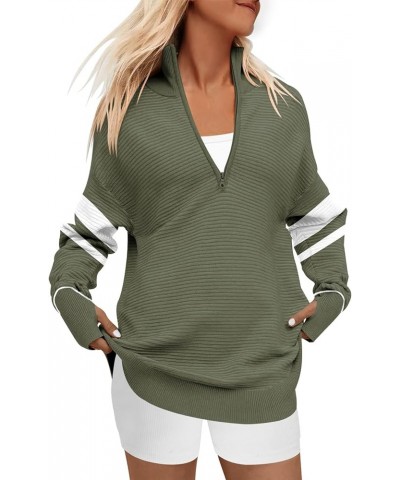 Women's 2023 Trendy Long Sleeve Half Zip V Neck Collared Casual Oversized Ribbed Knit Pullover Sweater Thumb Hole Stripe-gree...