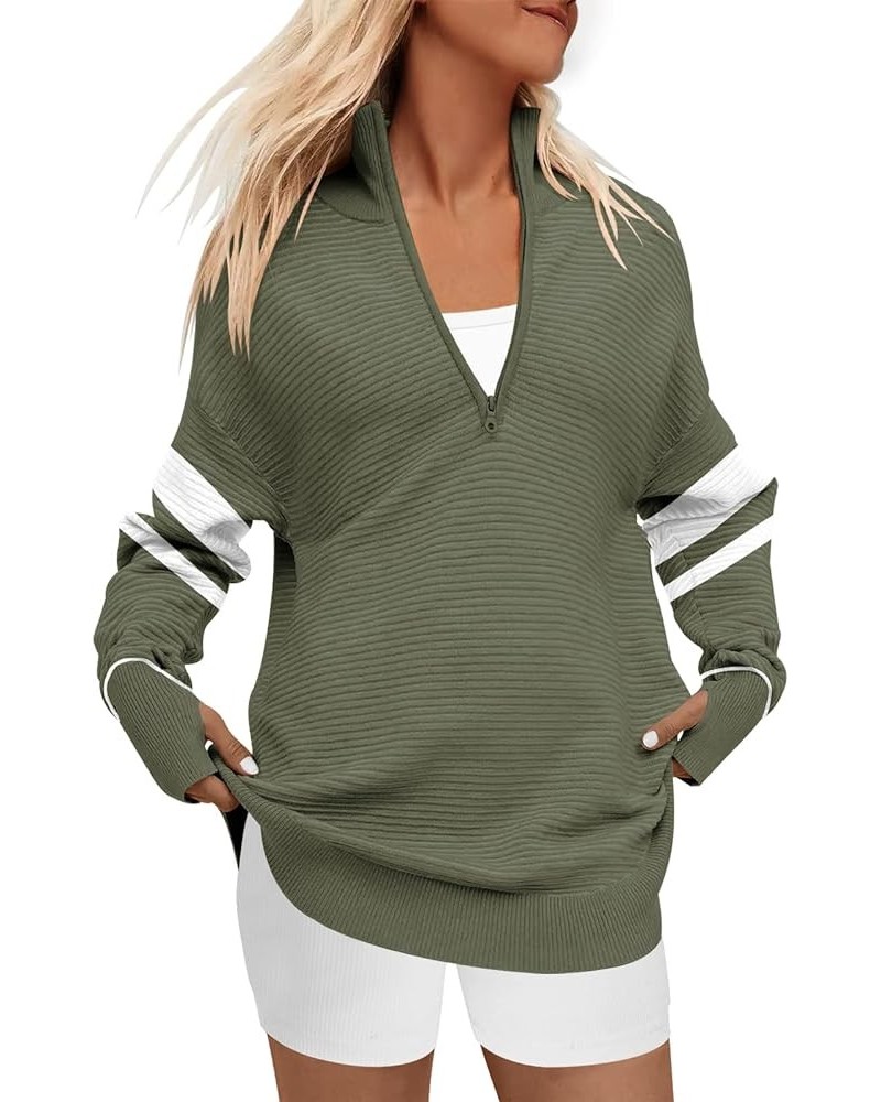 Women's 2023 Trendy Long Sleeve Half Zip V Neck Collared Casual Oversized Ribbed Knit Pullover Sweater Thumb Hole Stripe-gree...