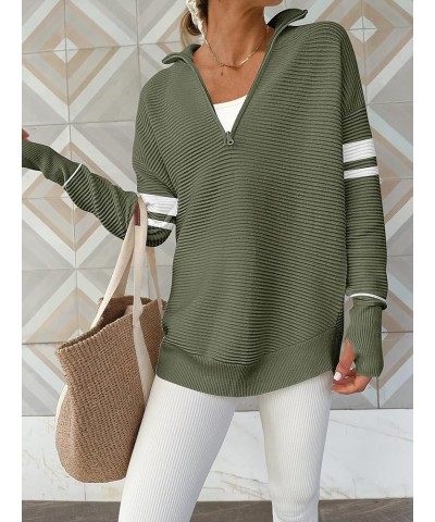 Women's 2023 Trendy Long Sleeve Half Zip V Neck Collared Casual Oversized Ribbed Knit Pullover Sweater Thumb Hole Stripe-gree...