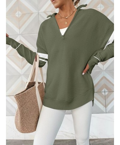 Women's 2023 Trendy Long Sleeve Half Zip V Neck Collared Casual Oversized Ribbed Knit Pullover Sweater Thumb Hole Stripe-gree...