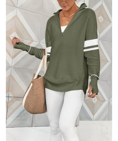 Women's 2023 Trendy Long Sleeve Half Zip V Neck Collared Casual Oversized Ribbed Knit Pullover Sweater Thumb Hole Stripe-gree...