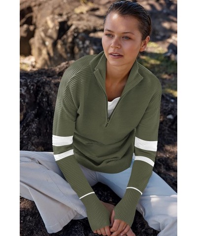 Women's 2023 Trendy Long Sleeve Half Zip V Neck Collared Casual Oversized Ribbed Knit Pullover Sweater Thumb Hole Stripe-gree...