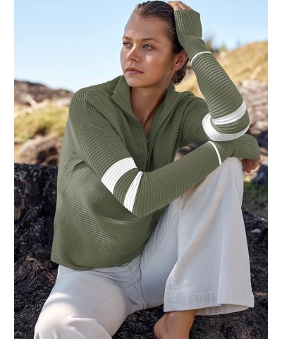 Women's 2023 Trendy Long Sleeve Half Zip V Neck Collared Casual Oversized Ribbed Knit Pullover Sweater Thumb Hole Stripe-gree...