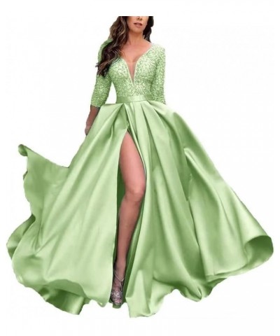 V Neck Prom Dresses Long for Women Satin Long Gown with Pocket 3/4 Sleeves Lace Formal Evening Party Gowns with Slit Mint $34...